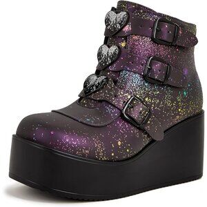 Lucky Step Women Navy Reflect Round Toe Zipper Wedges High Heel Rave Buckle Boot